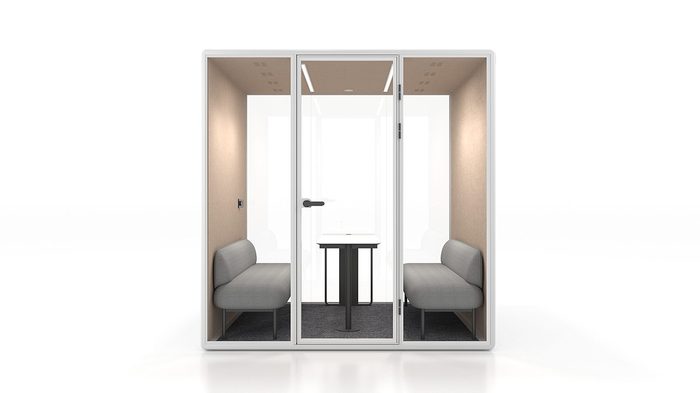 Fortress L four-person conference pod in white with tan interior — front view