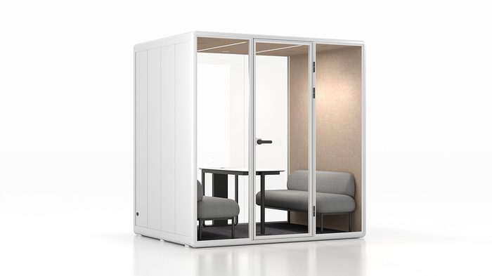 Fortress L four-person conference pod in white with tan interior — left side view