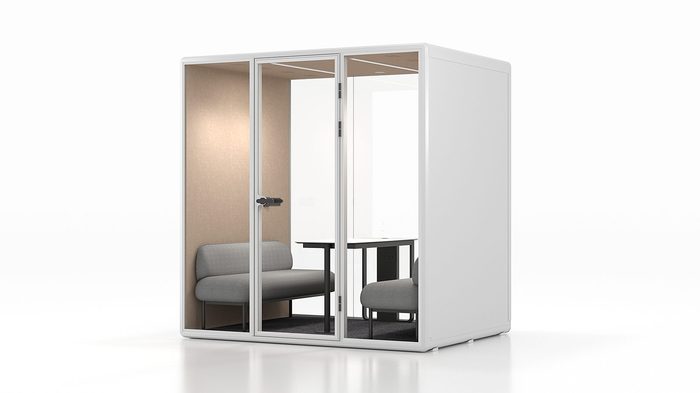 Fortress L four-person conference pod in white with tan interior — right side view