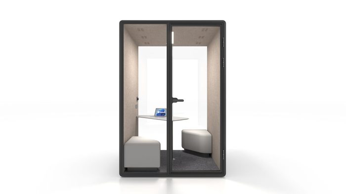 Fortress M lounge pod in black with tan interior — front view