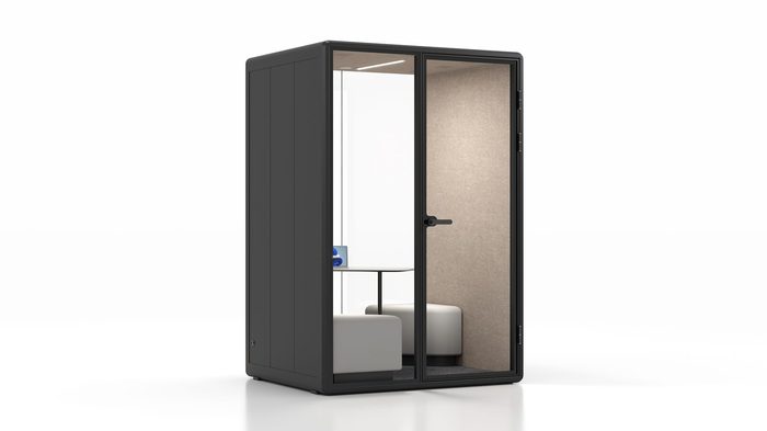 Fortress M lounge pod in black with tan interior — left side view