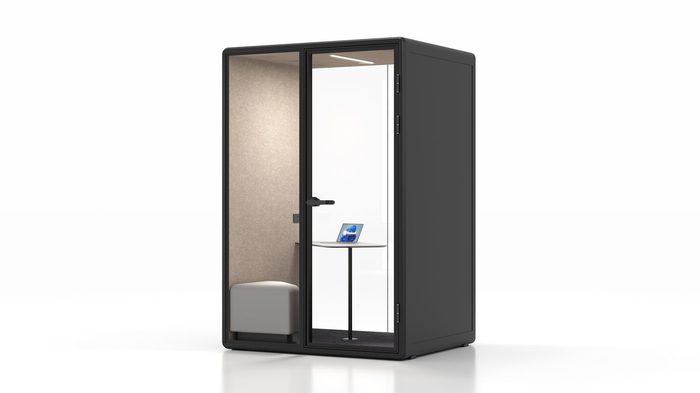 Fortress M lounge pod in black with tan interior — right side view