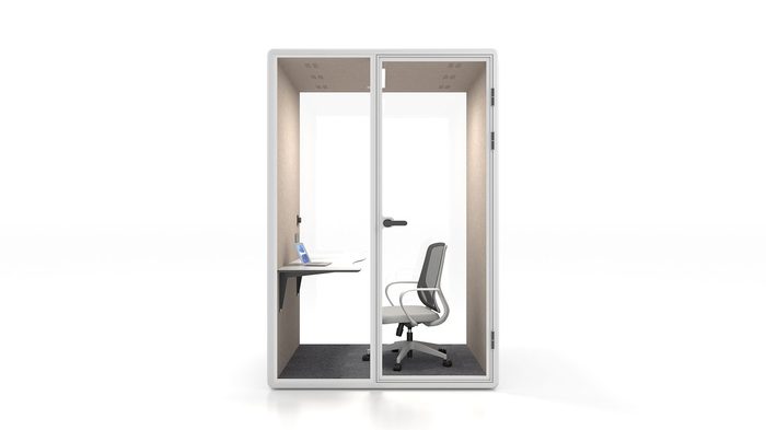 Fortress M work pod in white with grey interior — front view