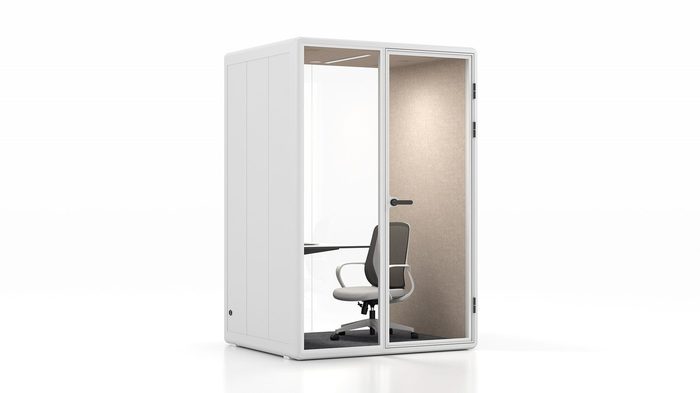 Fortress M work pod in white with grey interior — left side view