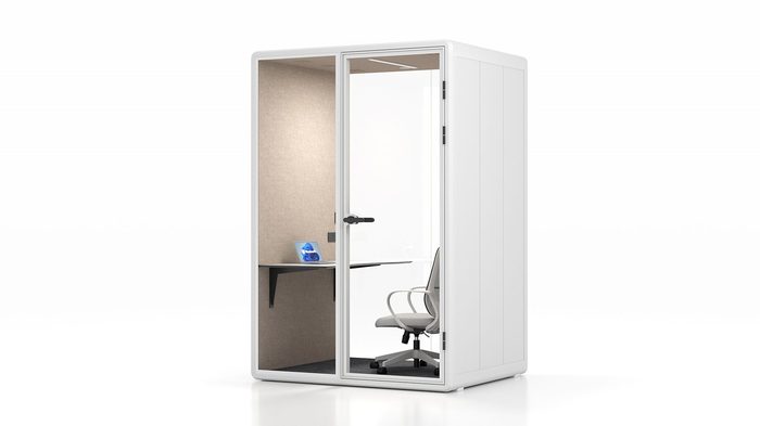 Fortress M work pod in white with grey interior — right side view