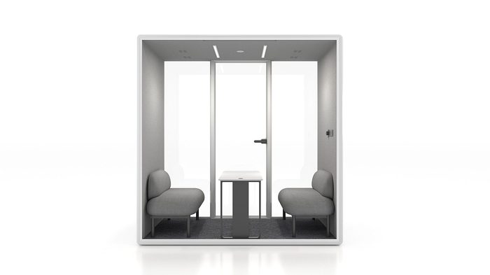 Fortress ML collaboration pod in white with tan interior — rear view