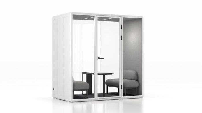 Fortress ML collaboration pod in white with tan interior — left side view