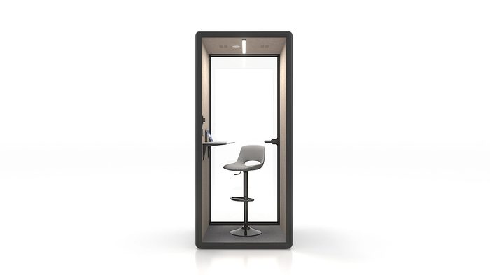 Fortress S solo soundproof pod in black with tan interior — rear view