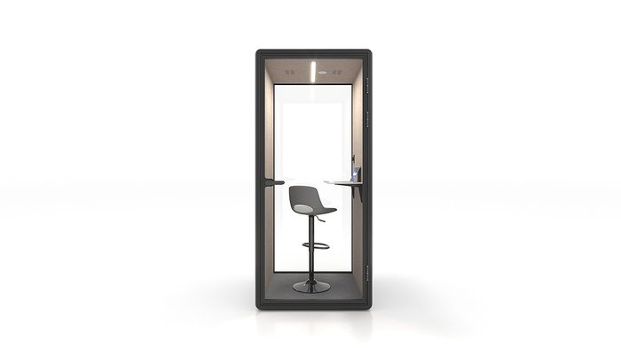 Fortress S solo soundproof pod in black with tan interior — front view