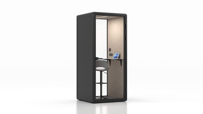 Fortress S solo soundproof pod in black with tan interior — left side view