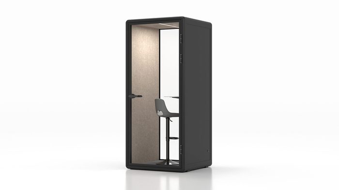 Fortress S solo soundproof pod in black with tan interior — right side view