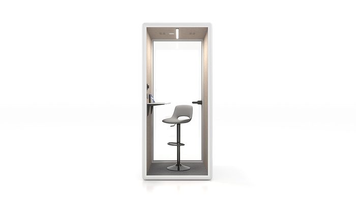 Fortress S solo soundproof pod in white with tan interior — rear view