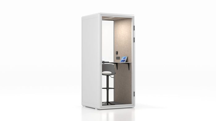 Fortress S solo soundproof pod in white with tan interior — left side view showing interior