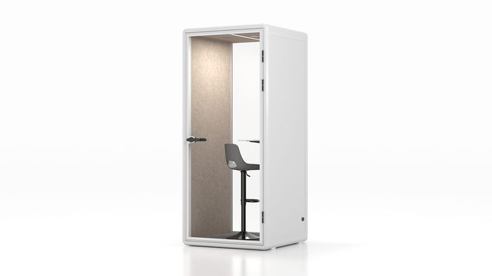Fortress S solo soundproof pod in white with tan interior — right side view