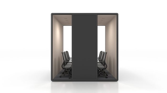 Fortress XL six-person boardroom pod in black with tan interior — rear view