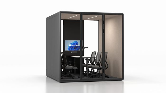Fortress XL six-person boardroom pod in black with tan interior — left side view