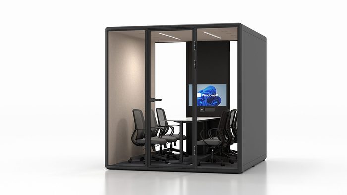 Fortress XL six-person boardroom pod in black with tan interior — right side view